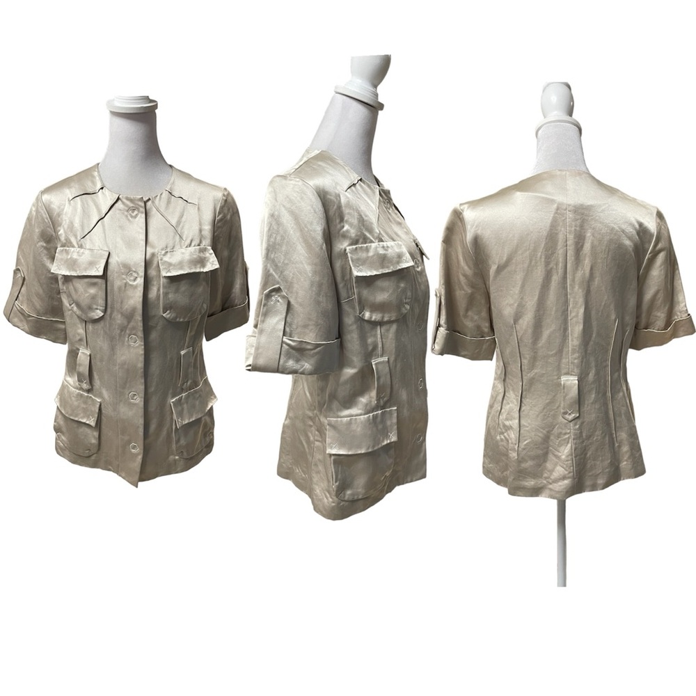 Rickie Freeman Teri Jon Beige Women's Silk Blend Short Sleeve Blouse Size 6